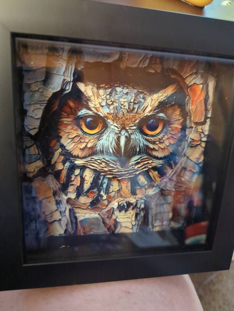 Owl in Hollow Tree Stained Glass Look Art on Glossy Ceramic Tile Decorative Gift Artful Mosaic Wall Decor
