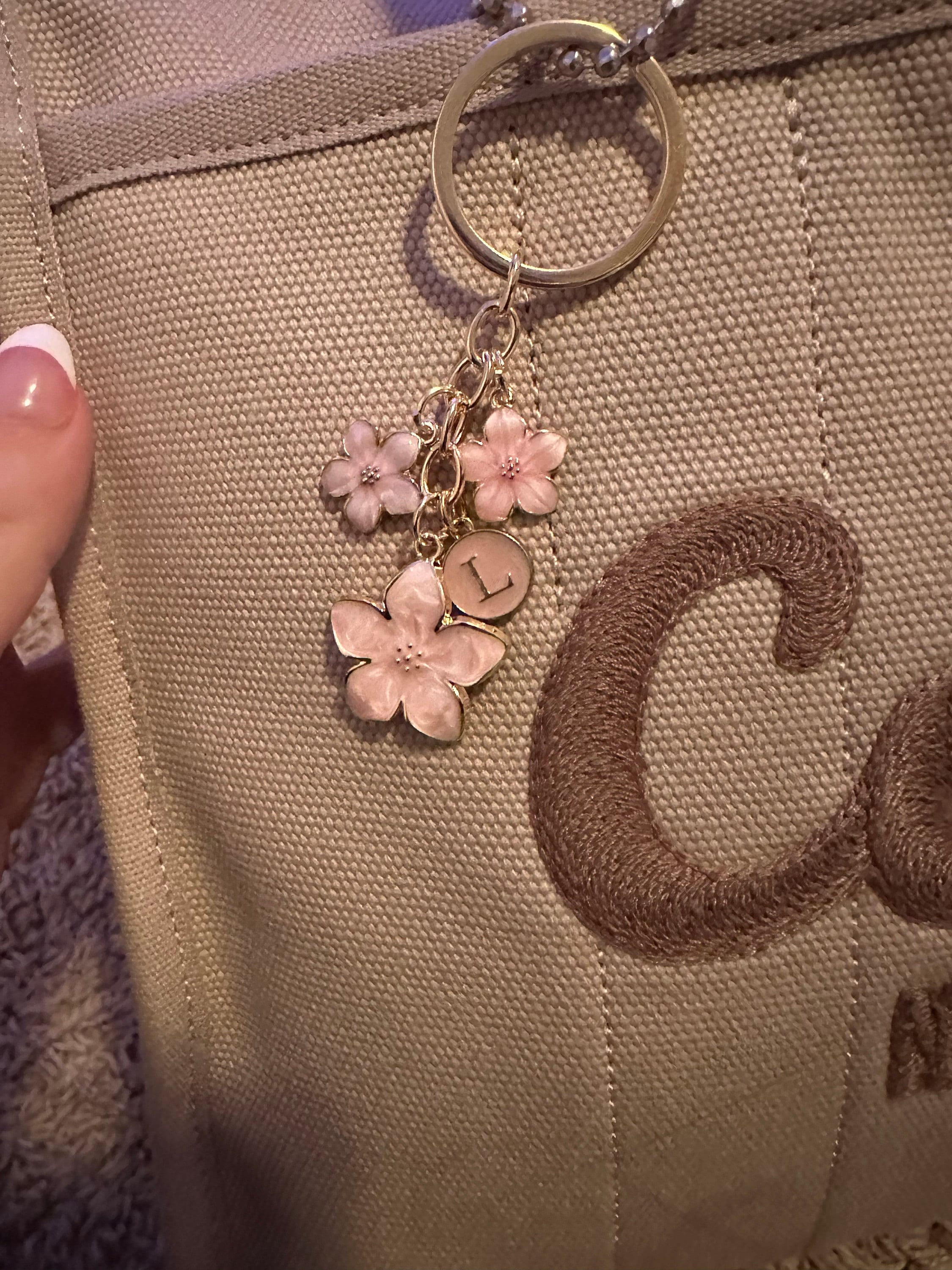 Cherry Blossom Pink/White Flower Charms Keychain with Custom Name Initial