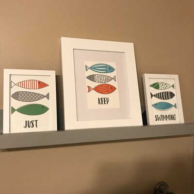 Fish Bathroom Decor Set of 3 Art Prints Just Keep Swimming Fish ...