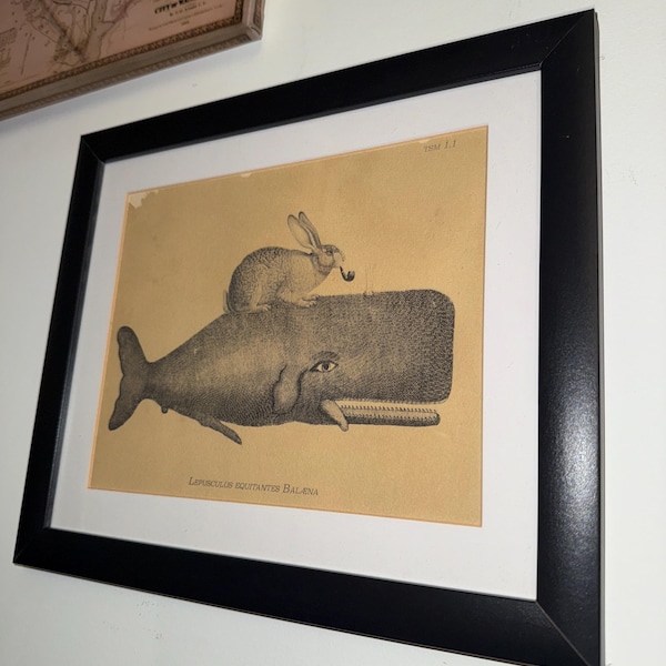 Bunny Rabbit Riding Whale – Vintage Collage Art Print on Tea-stained ...