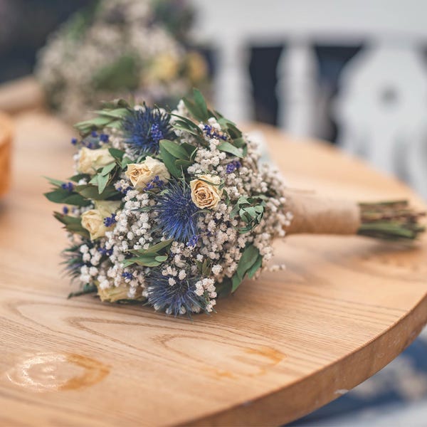 Dried Cream Rose Bouquet, Dried Blue Thistle Bouquet, Scottish Wedding ...