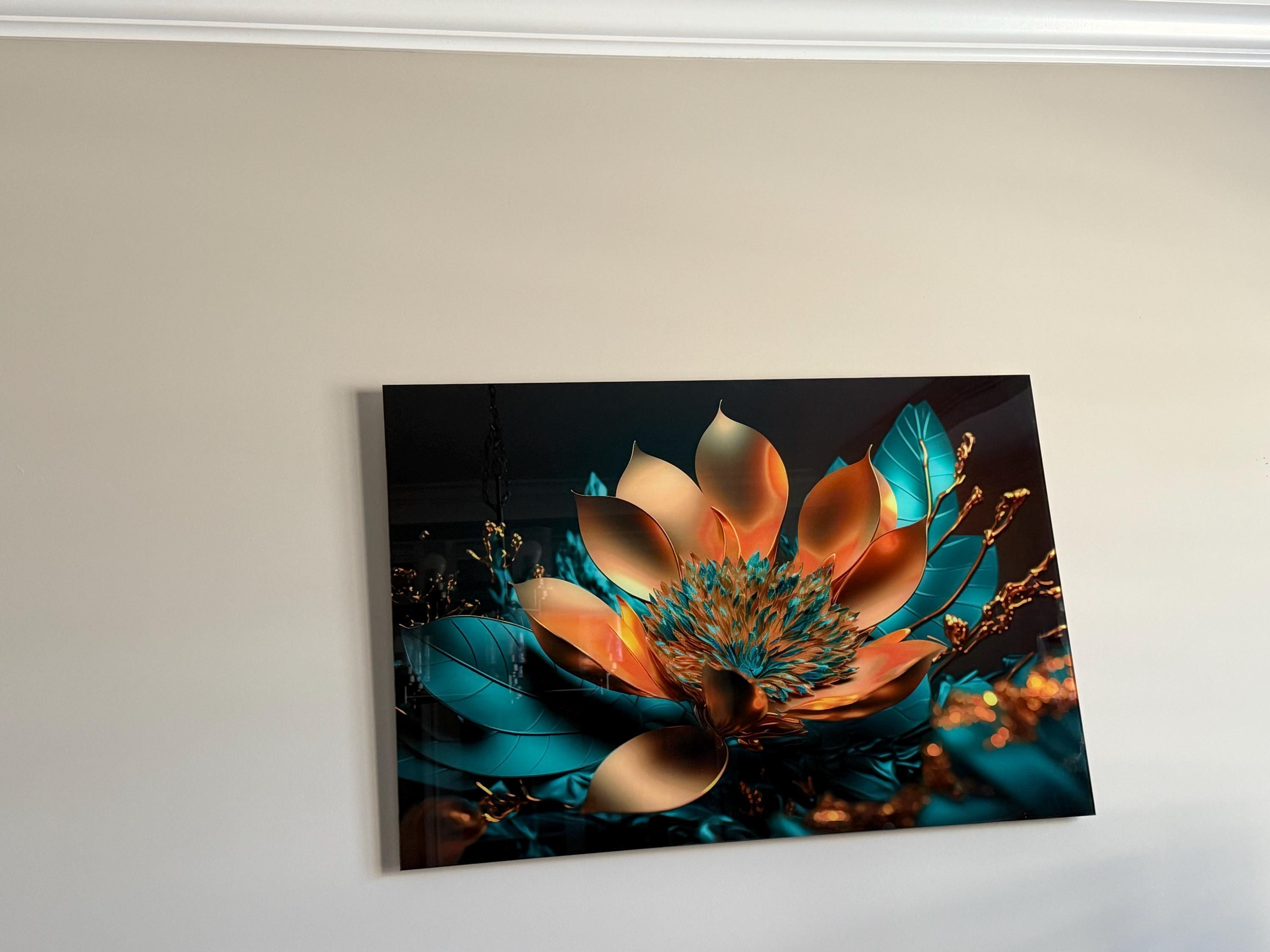 Tempered Glass Wall Art, Extra Large Wall Decor, Living Room Home Decor, Flowers Glass Painting, Decor for Bedroom, Housewarming Gift