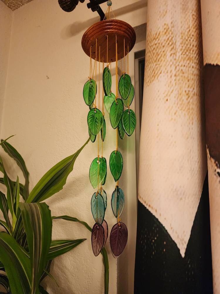Rainbow colored Glass Leaves Wind Chime, Free Shipping.  Personalized Card on Request. Gift for  Mother. Father, Mom or Friend. Upcycle Art.