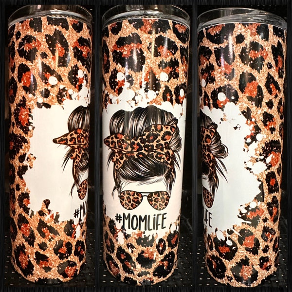 20 OZ Glitter Leopard Mom Life Messy Bun Sublimation Skinny Tumbler ...