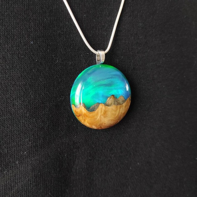 Aurora Borealis Resin and Wood Necklace, Wood Resin and Opal Aurora Borealis Resin and Wood Necklace, Wood Resin and Opal