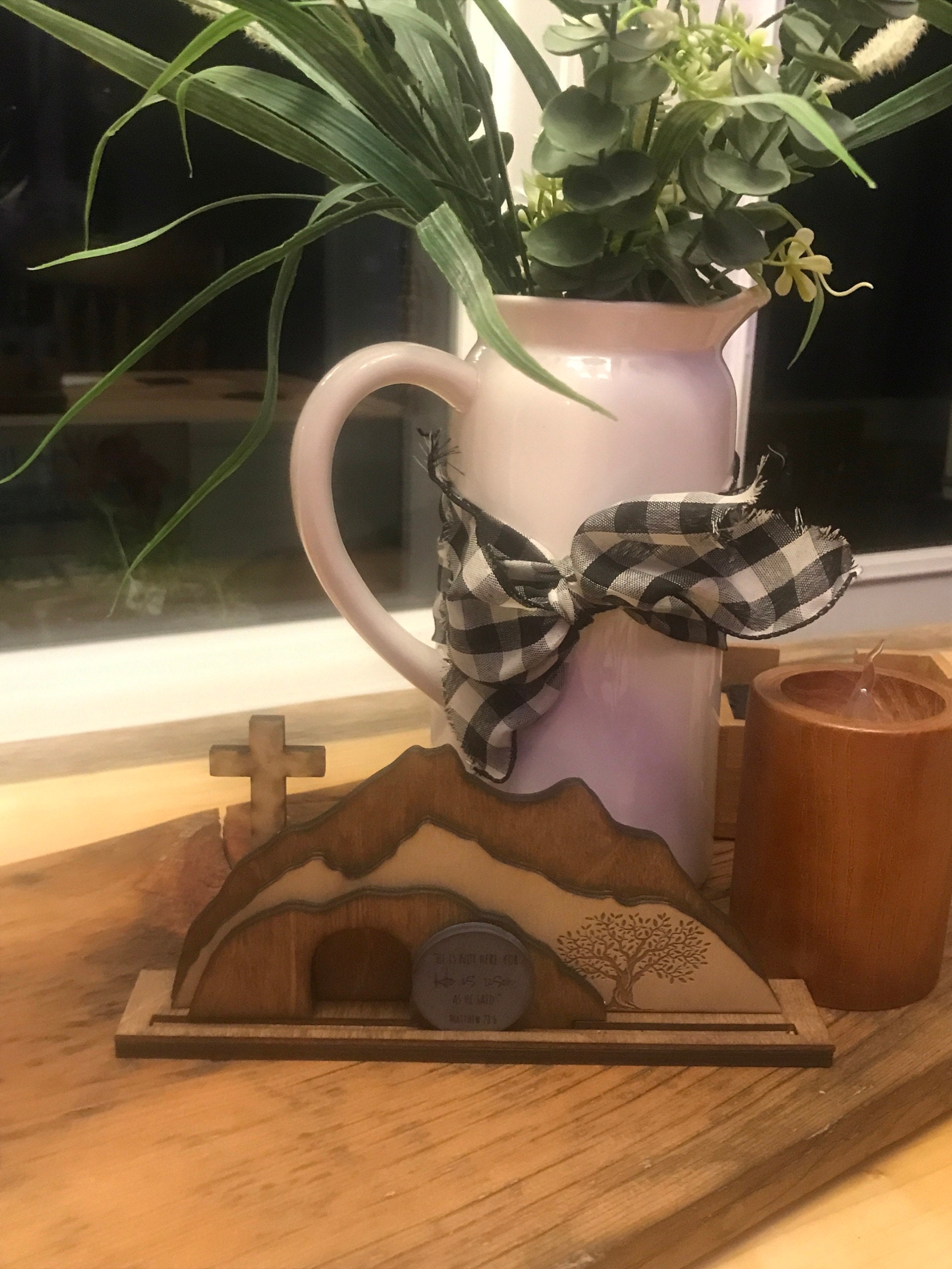 Empty Tomb &quot;He is Risen&quot; Decoration with Cross and Olive Tree, Religious, Christian, Easter Display, Easter Tomb, Laser Cut