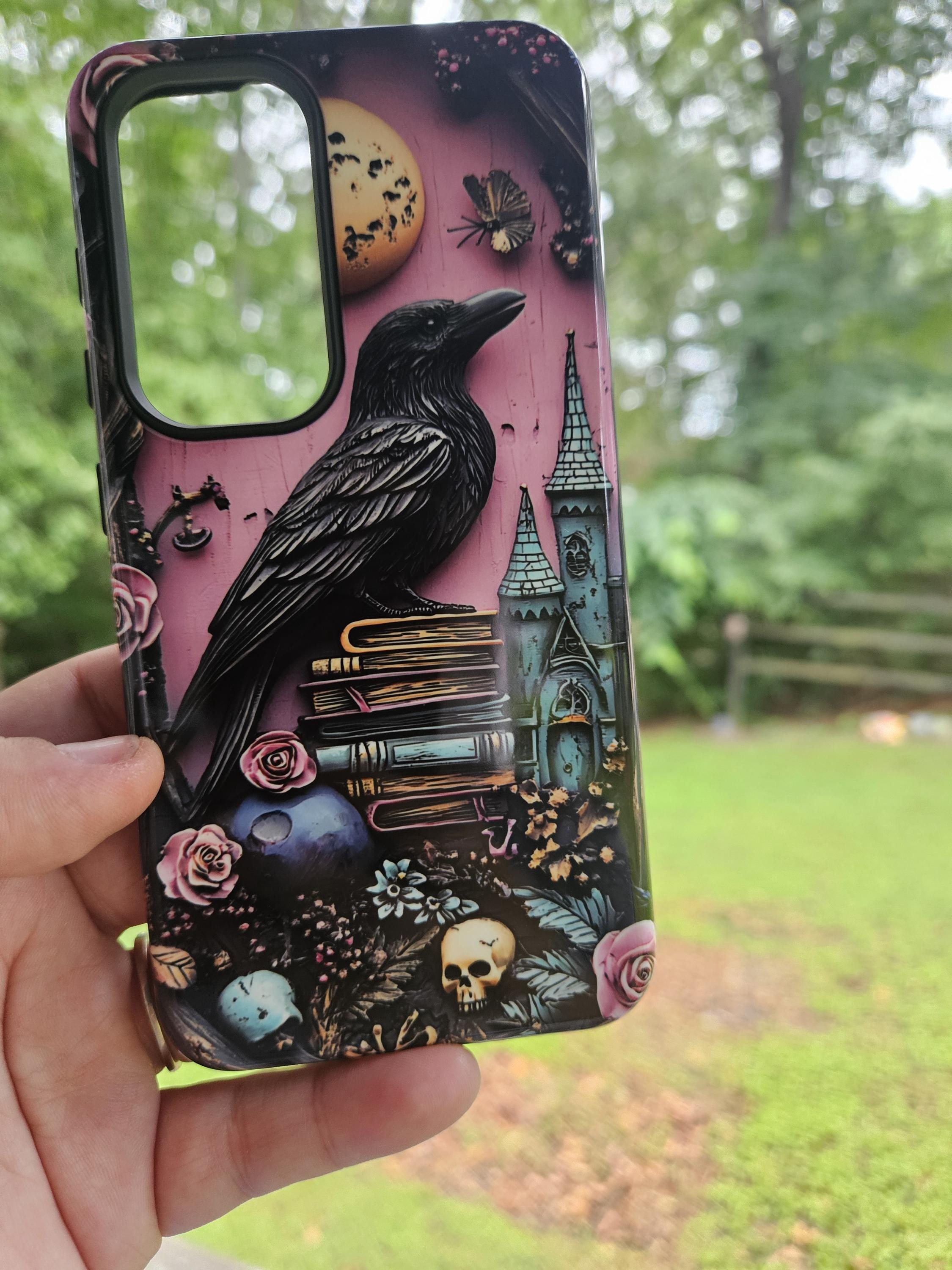 Gothic purple Bookshelf Phone Case Dark Academia Witch Skull floral Book Lover Reading iPhone 16 15 14 13 12, Galaxy S25, Pixel 9 pro case