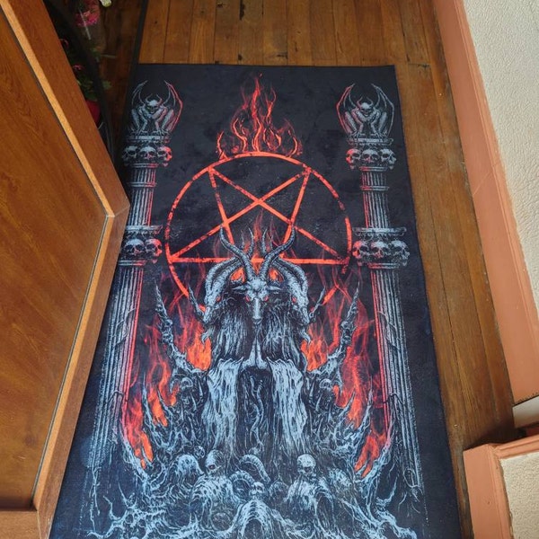 Satanic Area Rug Skull Satanic Goat Satanic Pentagram Flame Area Rug Silver Version ...