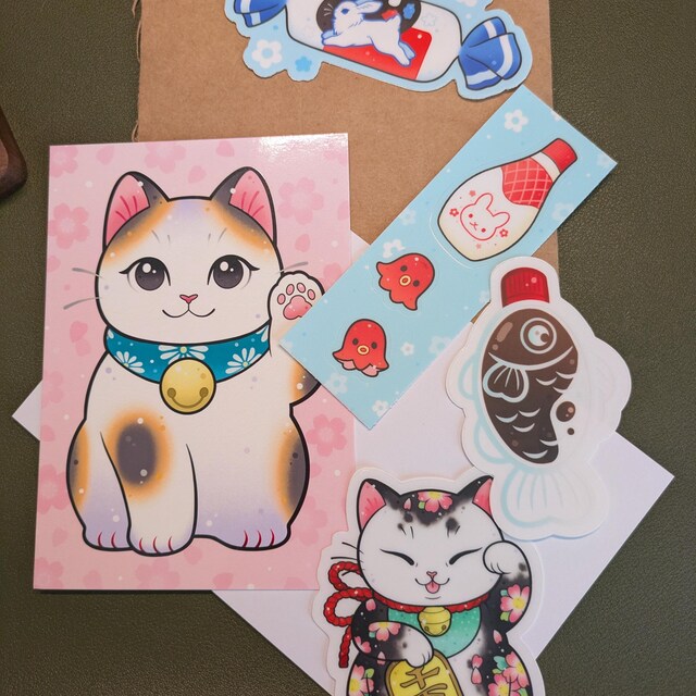 CLEAR Japanese Maneki Neko Lucky Cat With Cherry Blossoms Sakura