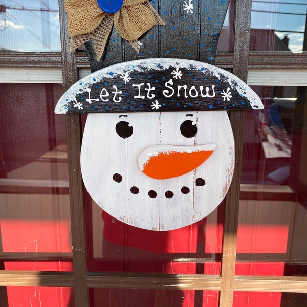 Let It Snow SNOWMAN SIGN Grooved Wood Hanging Hanger Plaque Winter Door ...
