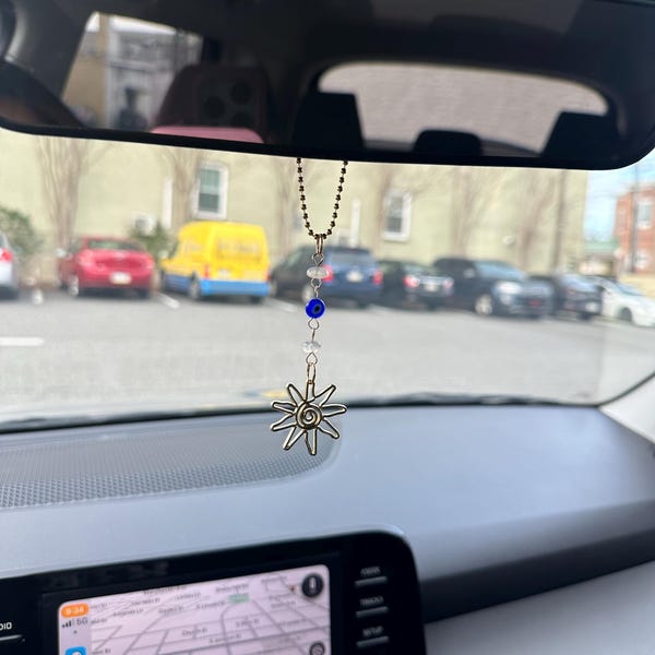 Anna-Kaci Crystal Bead Car Mirror Charm with Silver Daisy and Teardrop Pendant