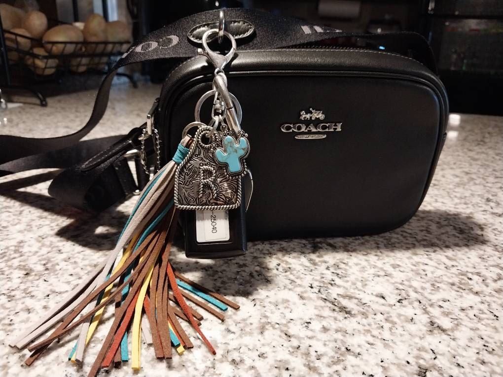 Initial Monogram Keychain/ Turquoise Charm/Initial Cattle Ear Tag Keychain/multi color tassel fringe keychain