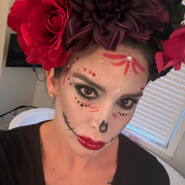 Frida Kahlo Flower Crown, Dia De Los Muertos Fiesta Mexican Gothic Red ...