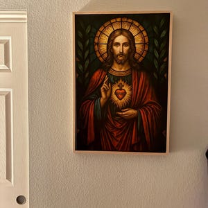 Tim's Sacred Heart of Jesus Canvas Print, Catholic Stained Glass Wall Art canvas print in their home — Antarmada