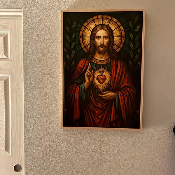 Tim's Sacred Heart of Jesus Canvas Print, Catholic Stained Glass Wall Art canvas print in their home — Antarmada