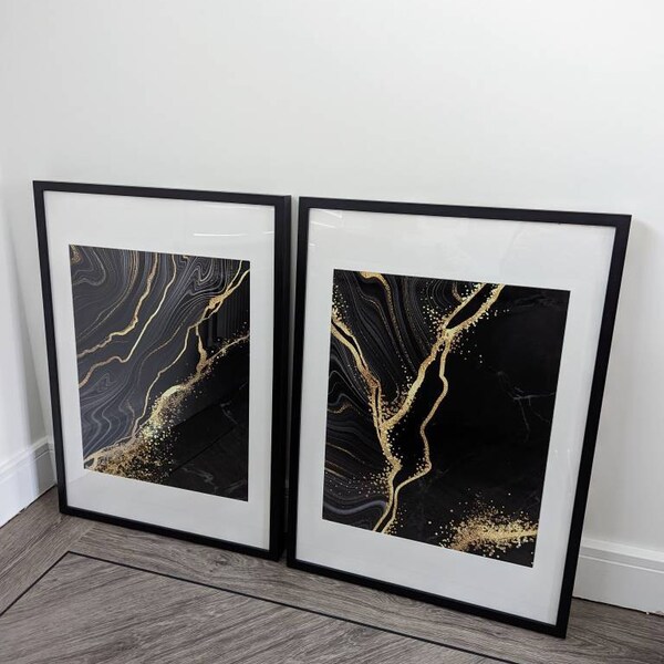 Black and Gold Abstract Art Print Set, Marble Wall Art Print Set of 2 ...