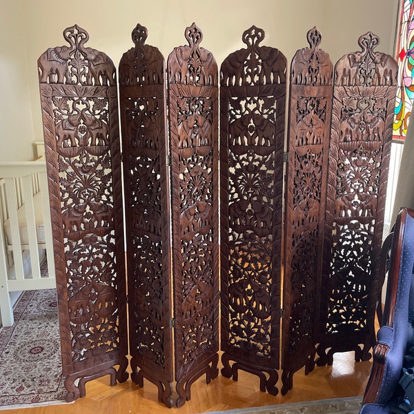 Boho Room Divider Elephant Folding Screen Panels Carved Wood Room ...