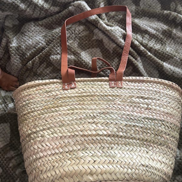 Handwoven Straw Bag With Leather Accents - French Market Basket, Eco ...