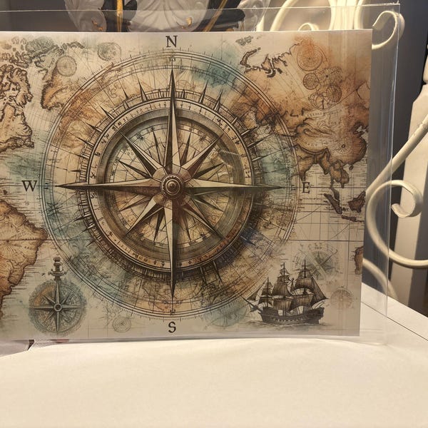 Vintage World Map Art Print: Nautical Chart Compass Rose - Etsy