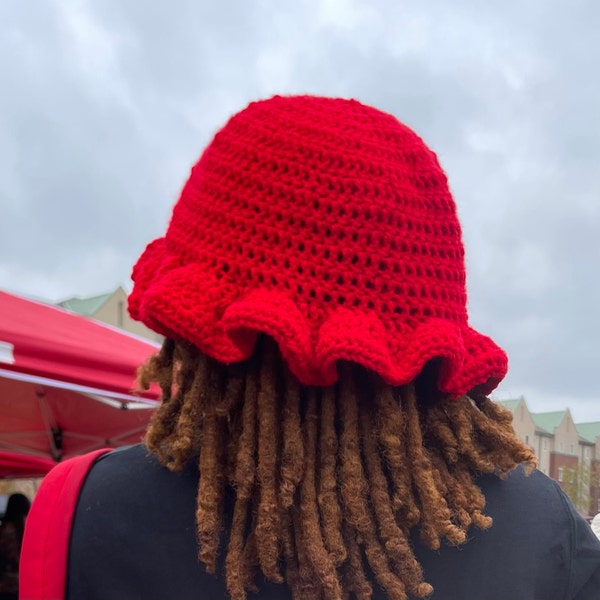 White Crochet Ruffle Bucket Hat Etsy