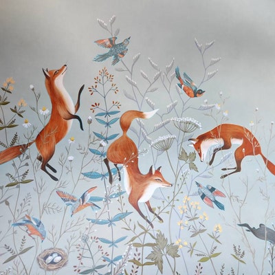 Fox Print Wallpaper, Removable Peel and Stick Mural, Foxes and Bunny
