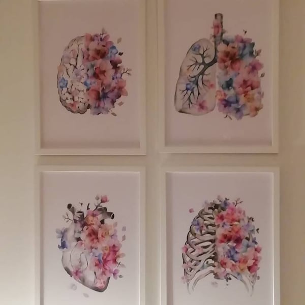 Brain Heart Lungs Rib Cage Anatomy Set of 4 Watercolor Prints Wall Art ...