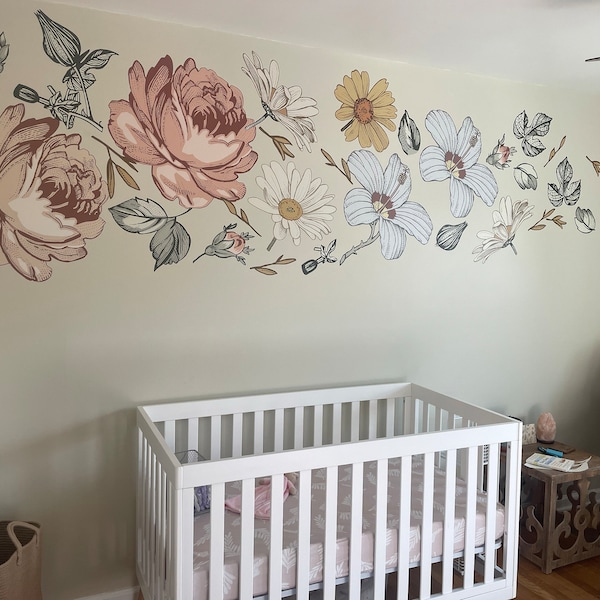 Soft Nursery Floral Wall Decal | for Kids Vintage Peony Flower Wall ...