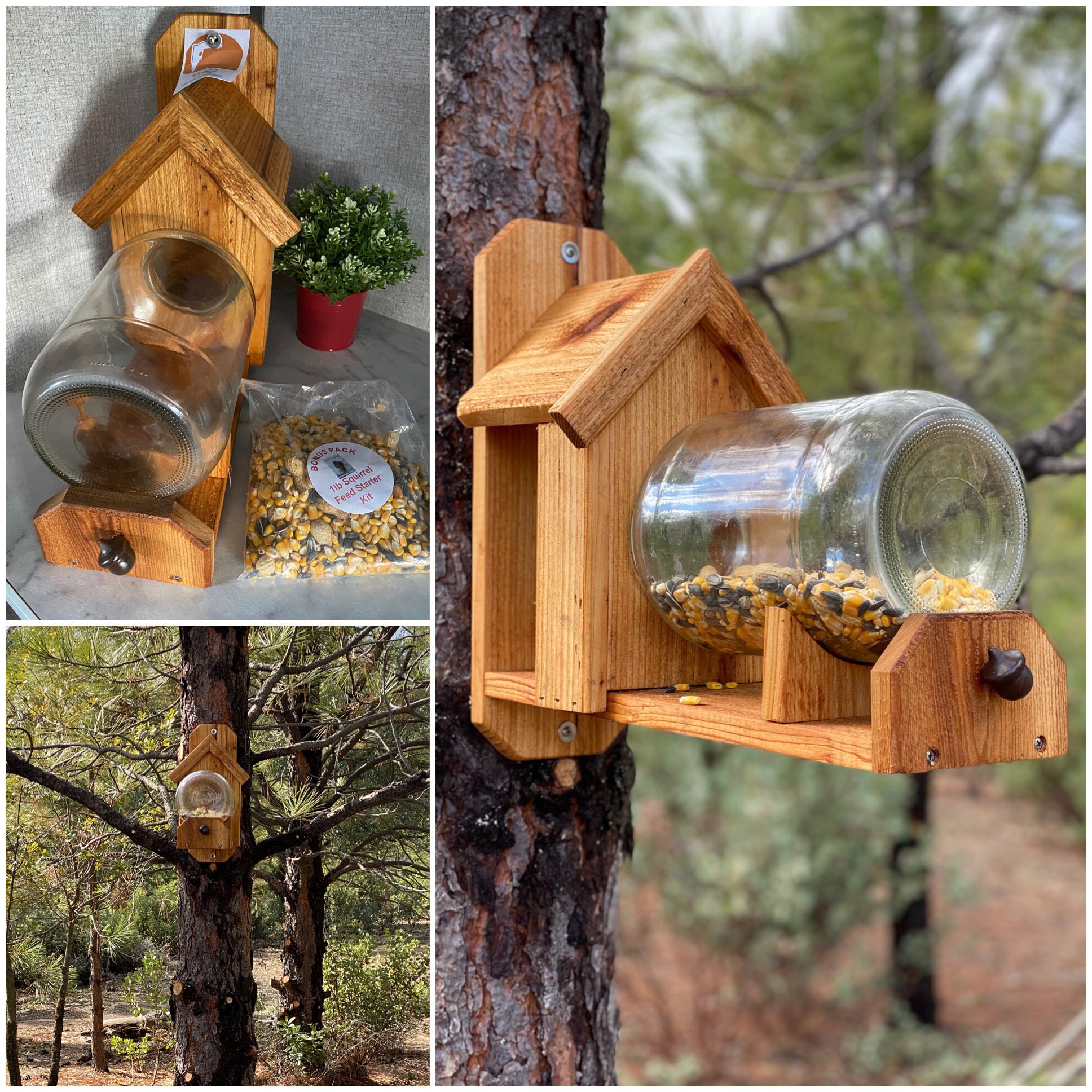 Cedar Squirrel Feeder with optional dual corn holder (includes gallon