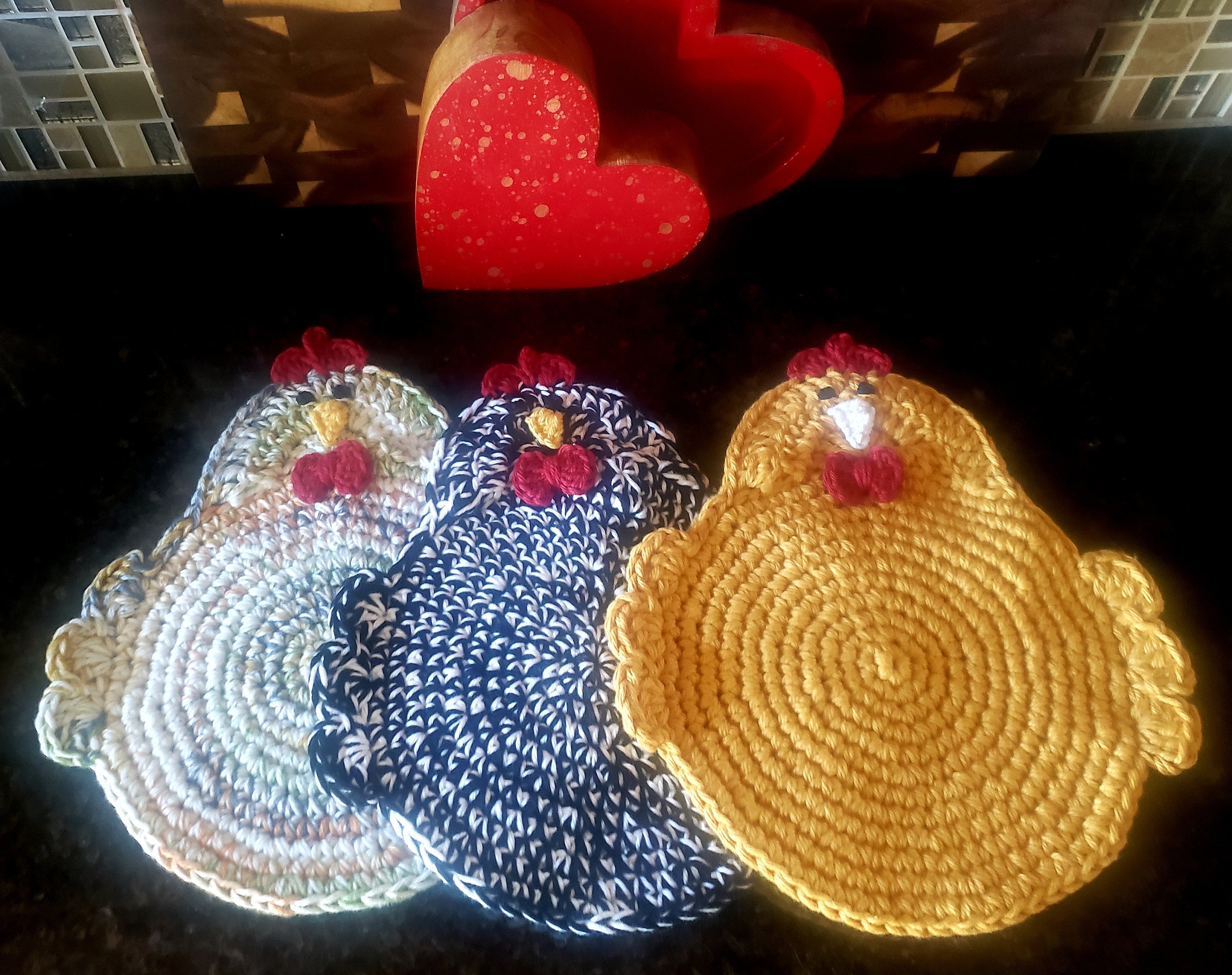 Crochet Chicken Potholders, Trivets, Handmade, 100% cotton yarn, double-layered