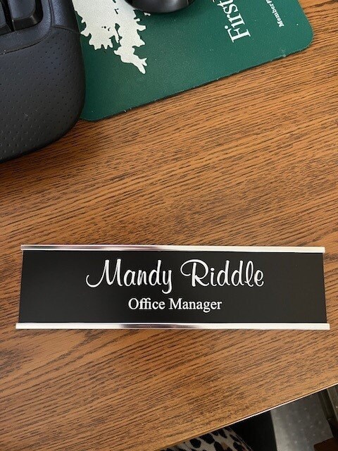 2&quot; x 8&quot; Laser Engraved Name Plate with Silver Aluminum Holder Adhesive Backed - Wall - Cubicle - Door - Flush Mountable