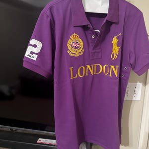 Vintage Polo Ralph Lauren London Polo Shirt Purple Gold Crest