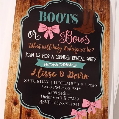 Editable Boots or Bows Gender Reveal Party Invitations, Boy or Girl ...