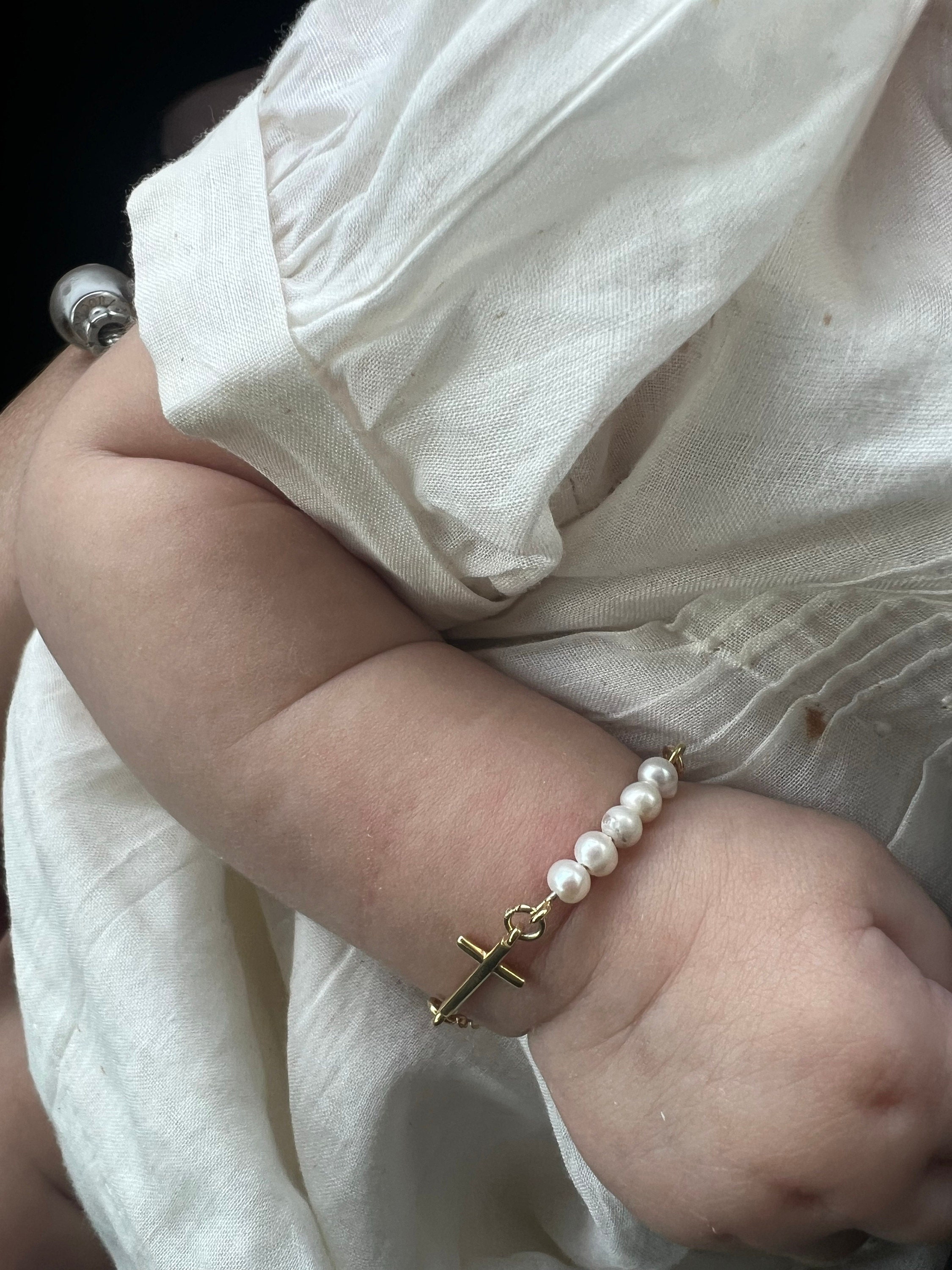 Personalized Initial Bracelet with Cross & Pearl, Faith Jewelry for Kids, Unisex Kids Bracelet, Birthday Gift, Gift for Girl/Boy