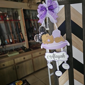 Baby girl African American purple outfit  door hanger , hospital door hanger, personalized baby girl name, newborn announcement