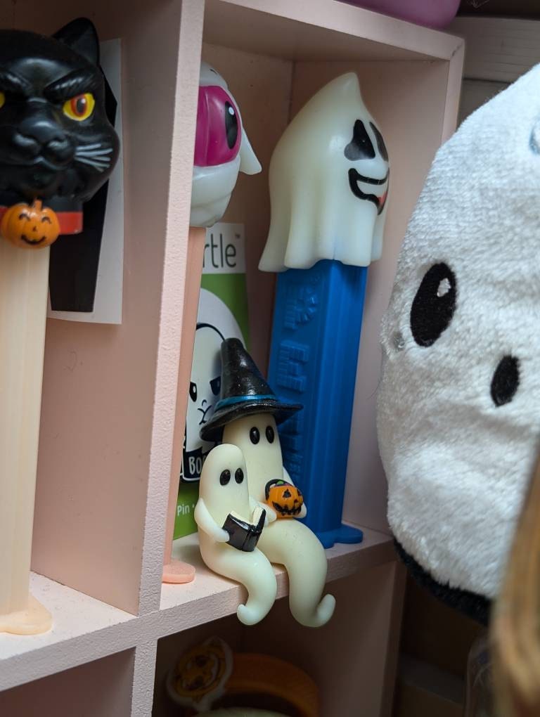 Pet Ghost Reading a Book, Miniature Shelf Sitter Figurine, Handmade Halloween Decoration, Spooky Cute Glow in the Dark