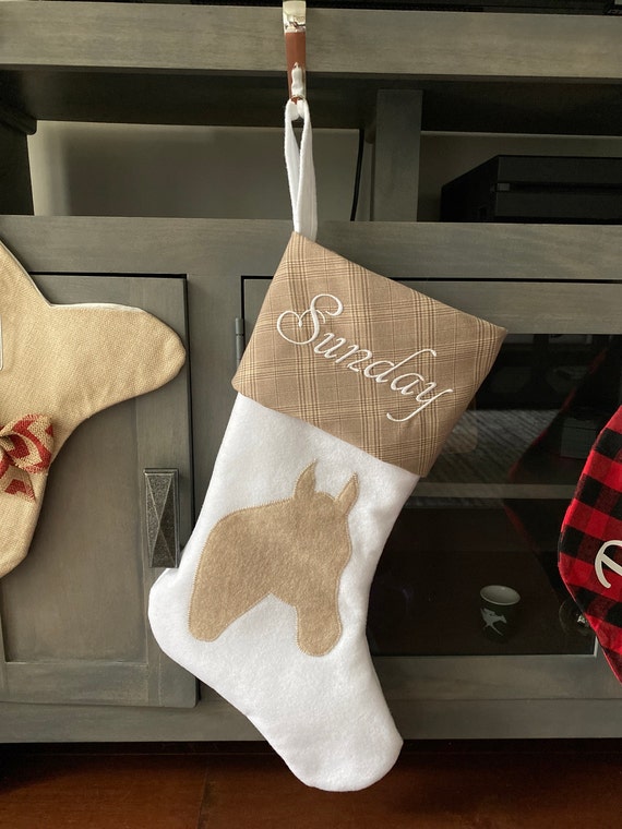 Customer photo of a pet with the Horse Christmas Stocking. Stocking Size