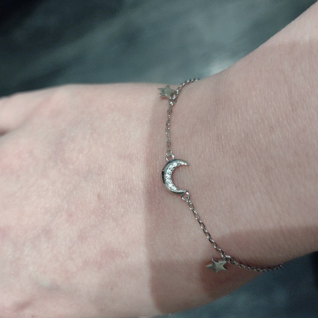 Sterling Silver CZ Moon and Star Bracelet, Silver or Gold, Moon