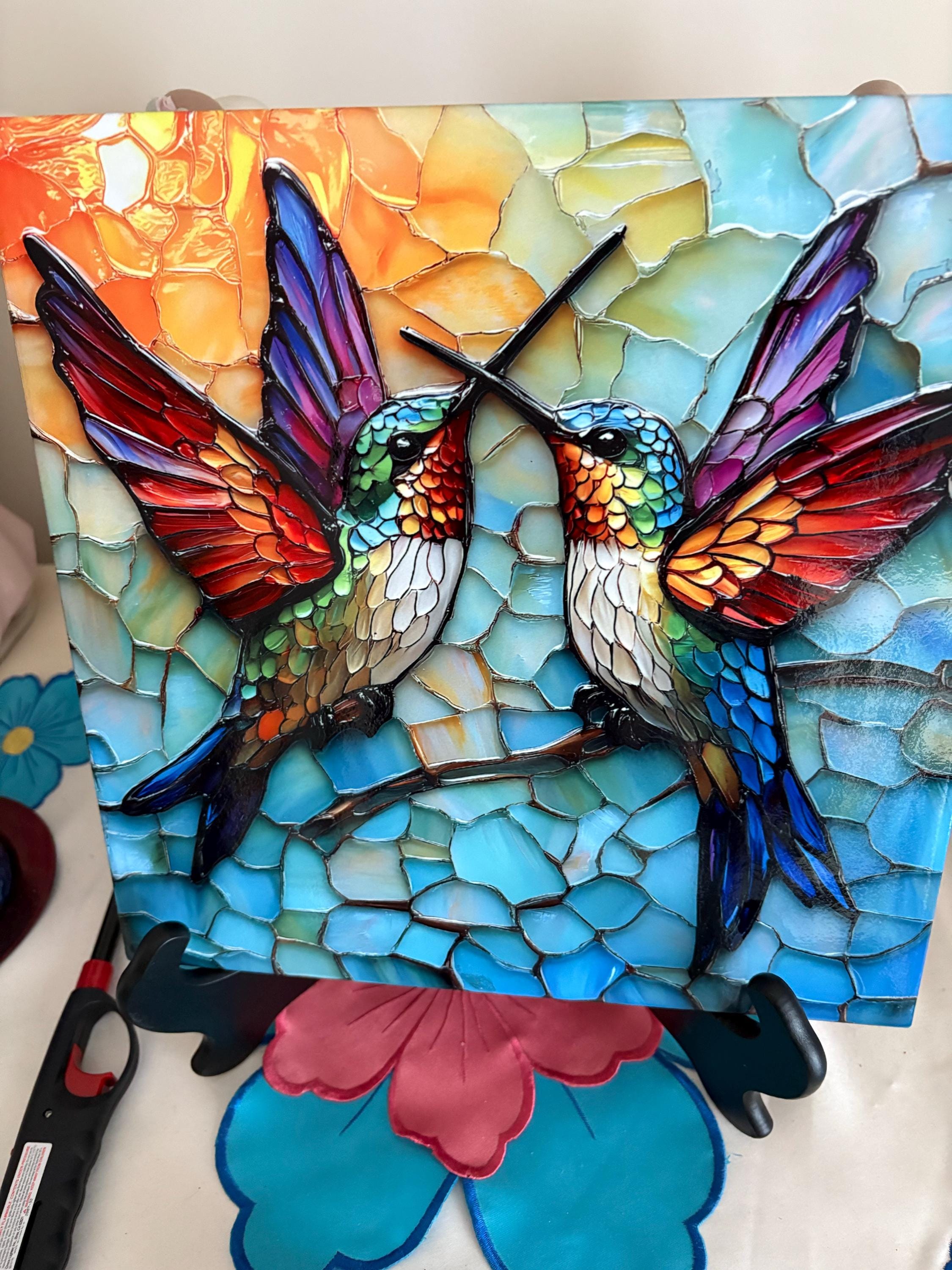 Hummingbirds Ceramic Art Tile Stained Glass Look Glossy Bookshelf Book Nook Wall Decor Gift for Her Christmas