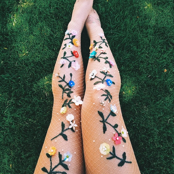 Eden Fishnet Stockings | Wedding Vintage Tights | 3D Flower Pantyhose ...