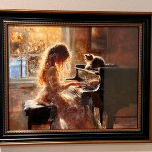 Girl Playing Piano With Her Cat Poster, Music Room Decor, Pianist