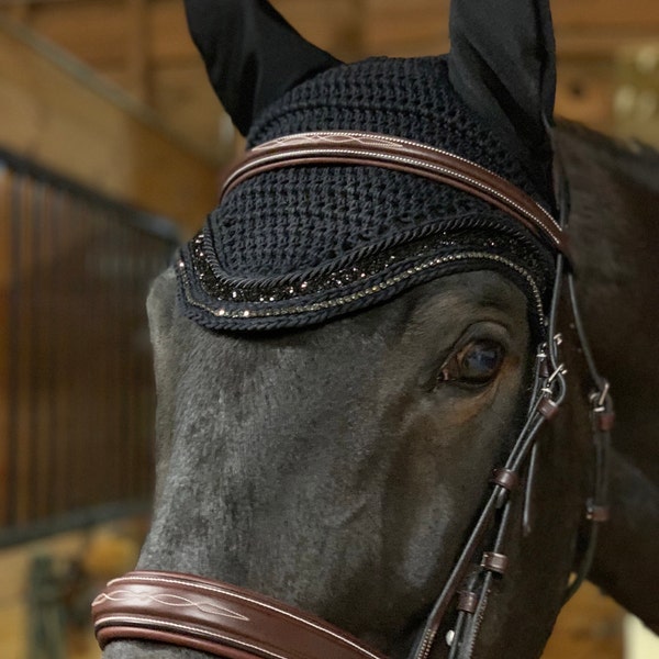 Bonnet Fly Veil Weatherbeeta Prime Bling - Pour Poney/cheval - Noir, Avec Oreilles En Coton Dense - Anti-mouches
