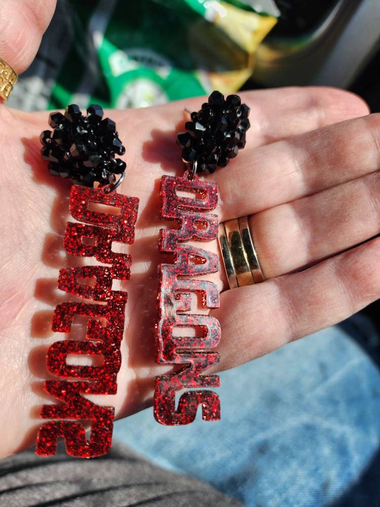 Personalized Custom Game Day Earrings 3/4 inch bead topper-High School-College-Football-Team Name-Spirit Wear Gear-Birthday Gift