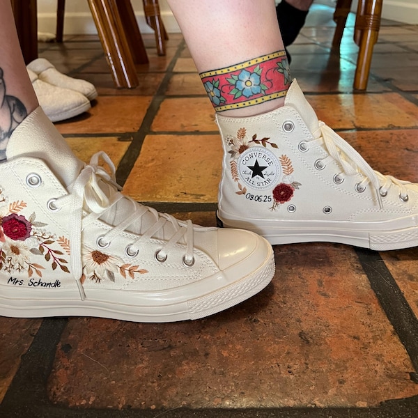 Wedding Converse for Bride, Fall Rustic Flower Embroidered Converse ...