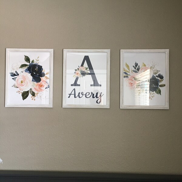 Floral Girl Nursery Wall Art Watercolor Blush Pink Coral Navy Blue Name ...