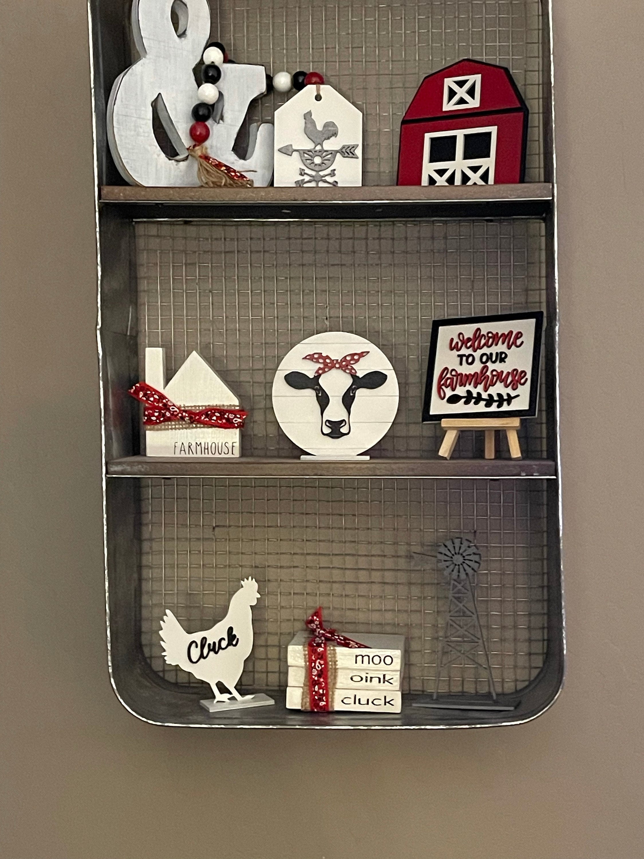 Farmhouse Tiered Tray Decor, Farmhouse Shelf Sitters, 3D Farmhouse Decorations, Red Barn, Cow Pig Chicken Decor