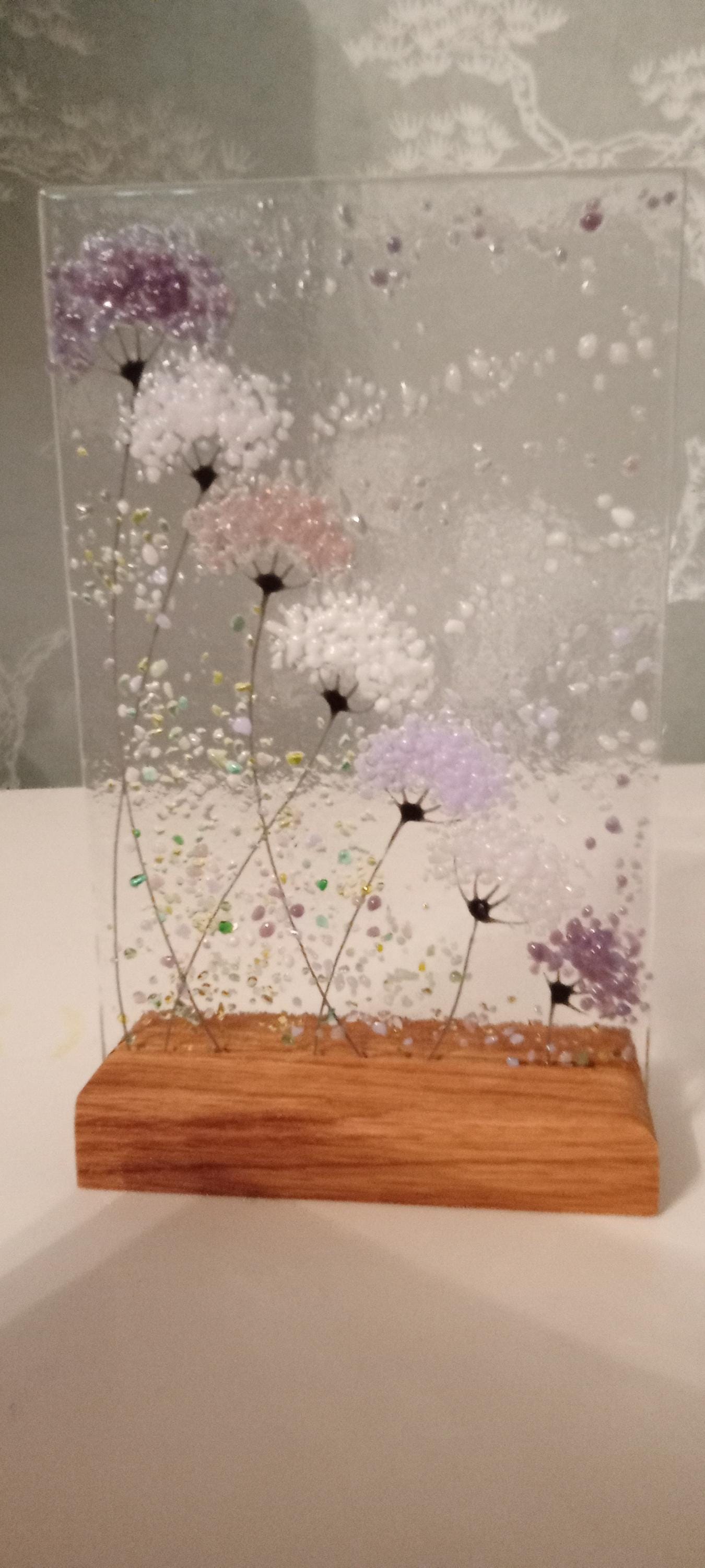 Whimsical Purple and pink mix Flowers fused glass Art Picture Sun Catcher & Wooden Display Stand