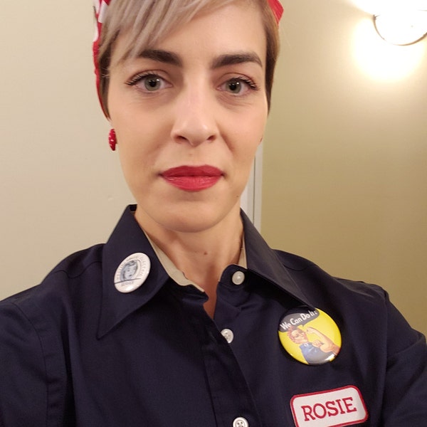  S-XXL Rosie the Riveter Costume, Shirt, Patch, Headband, Lapel Pin Motiv 