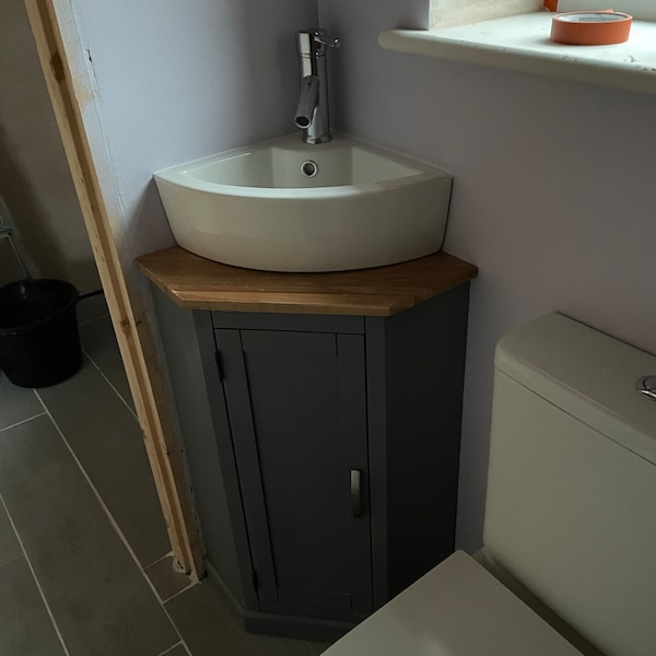 Bathroom Grey Painted Vanity Unit | Corner Sink Cabinet With Oak Top ...