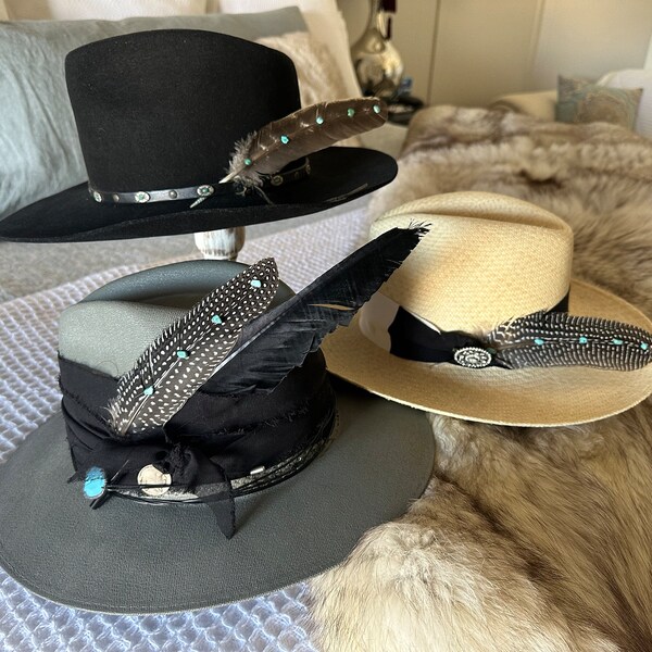 Turquoise Accent Turkey Feather Hat Band + Choice of Hat 986j