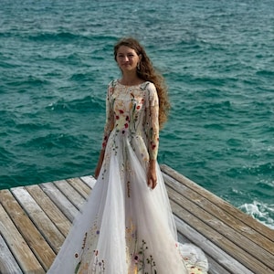 Wildflower Lace Wedding Dress: Romantic Open Back, Long Sleeves - Etsy